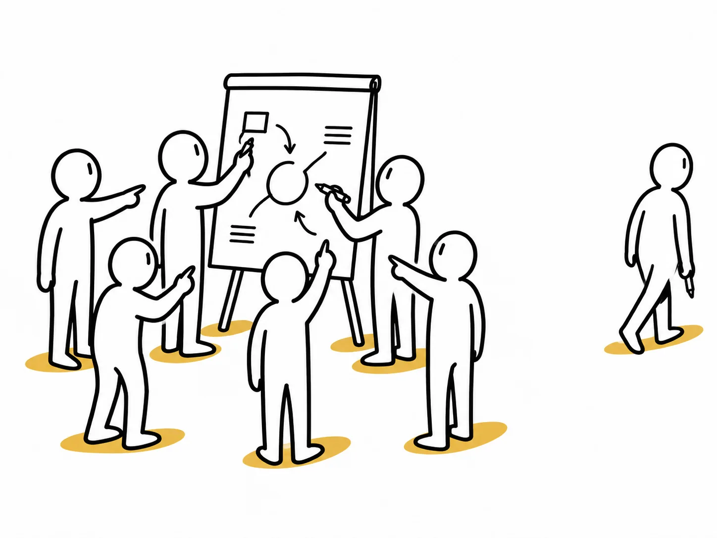 Illustration : une équipe travaille seule au tableau pendant que le facilitateur s'éloigne