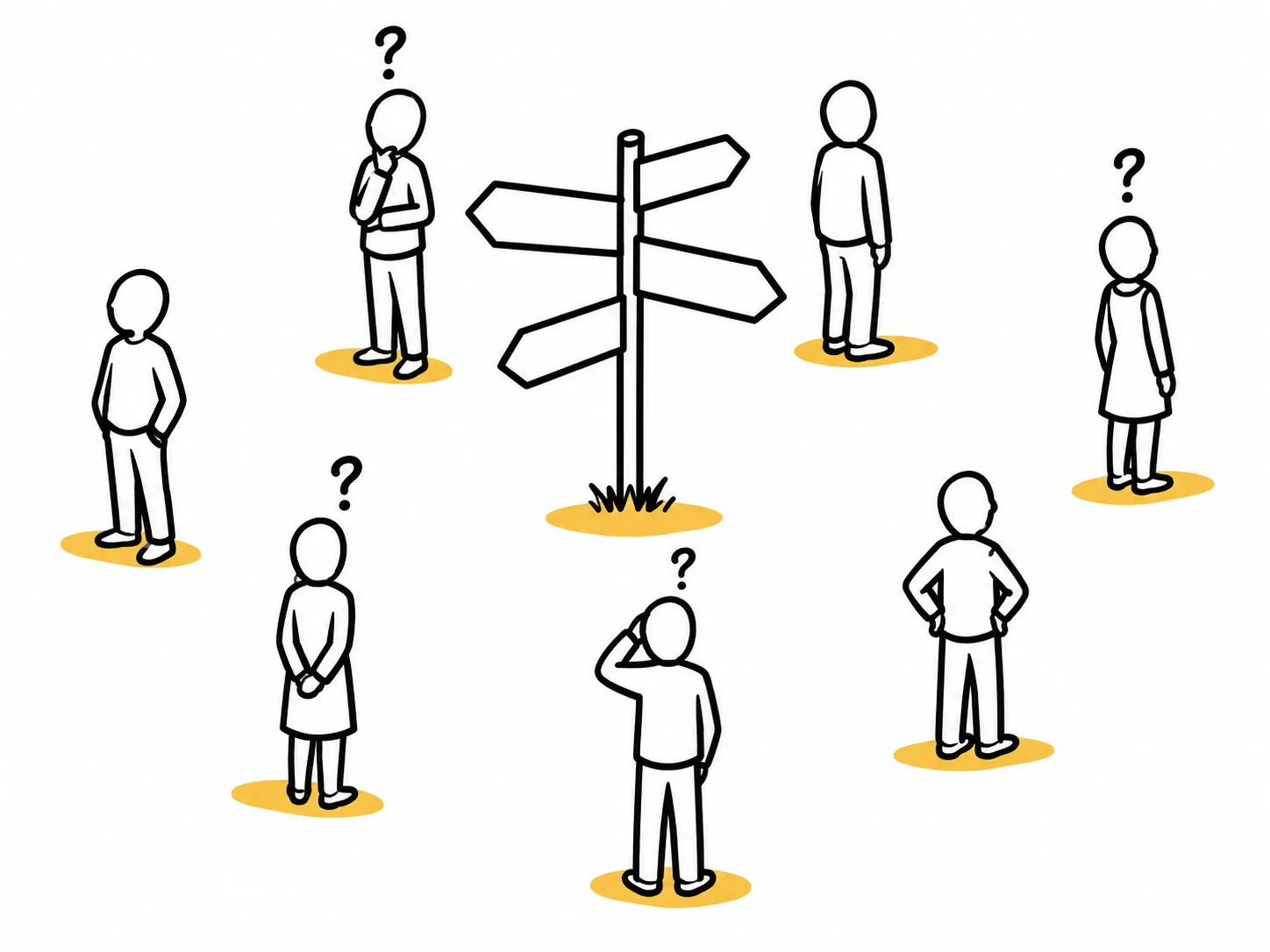 Illustration : des personnes autour d'un panneau à plusieurs directions, chacune avec un point d'interrogation